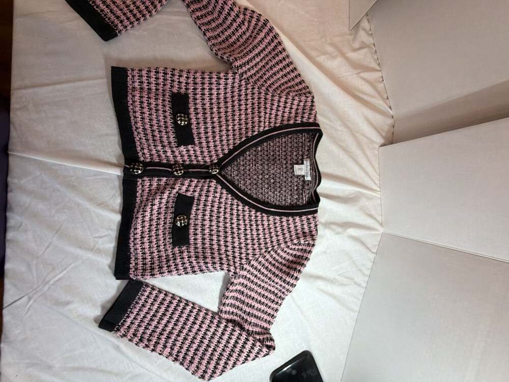 London Kaye Pink and Black Tweed Knit Cardigan Size L